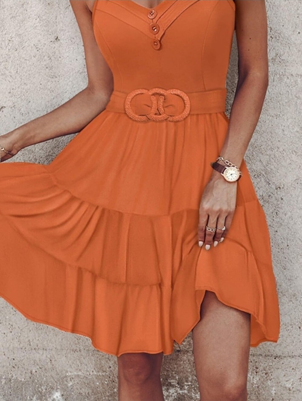 Chicme Orange Tiered, V Neck, Spaghetti-Strap Chicme Dress with Belt